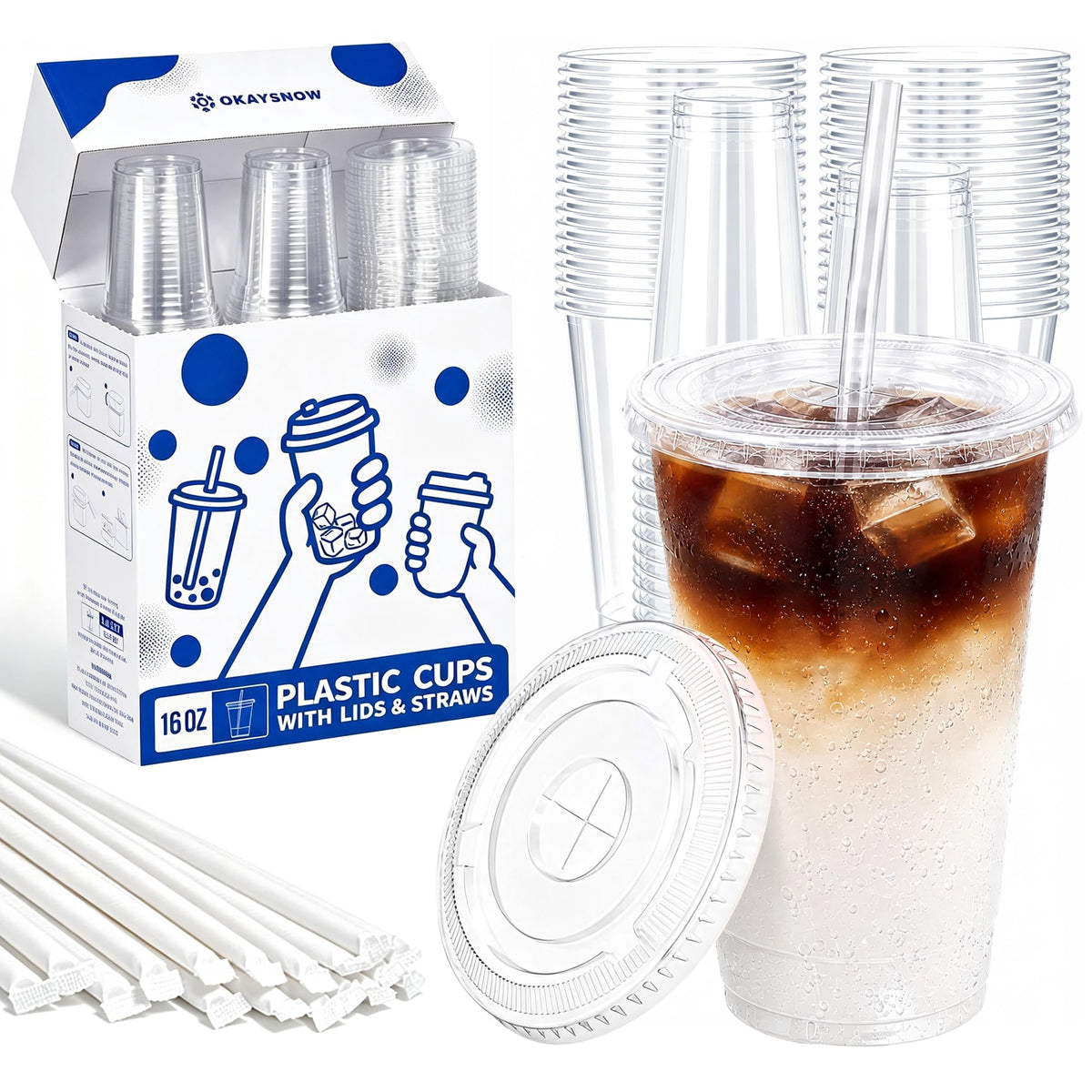 16 Oz 100 Pack Dispoable Cups with Lids and Straws