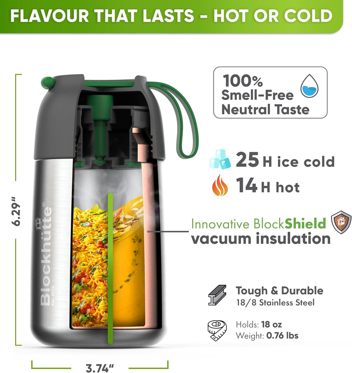 Blockhütte Small Thermo for hot Food Kids - 18 oz | Wide Mouth Food Flask with Spork & Brush | Stainless steel Soup Flask | Insulated Food Jar 14h Hot | Soup Thermo for Adults