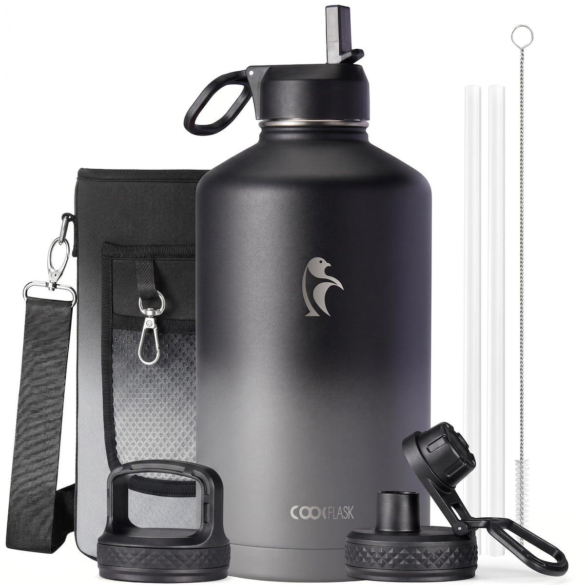 Coolflask Half Gallon Water Bottle Insulated with Straw & 3 Leakproof Lids