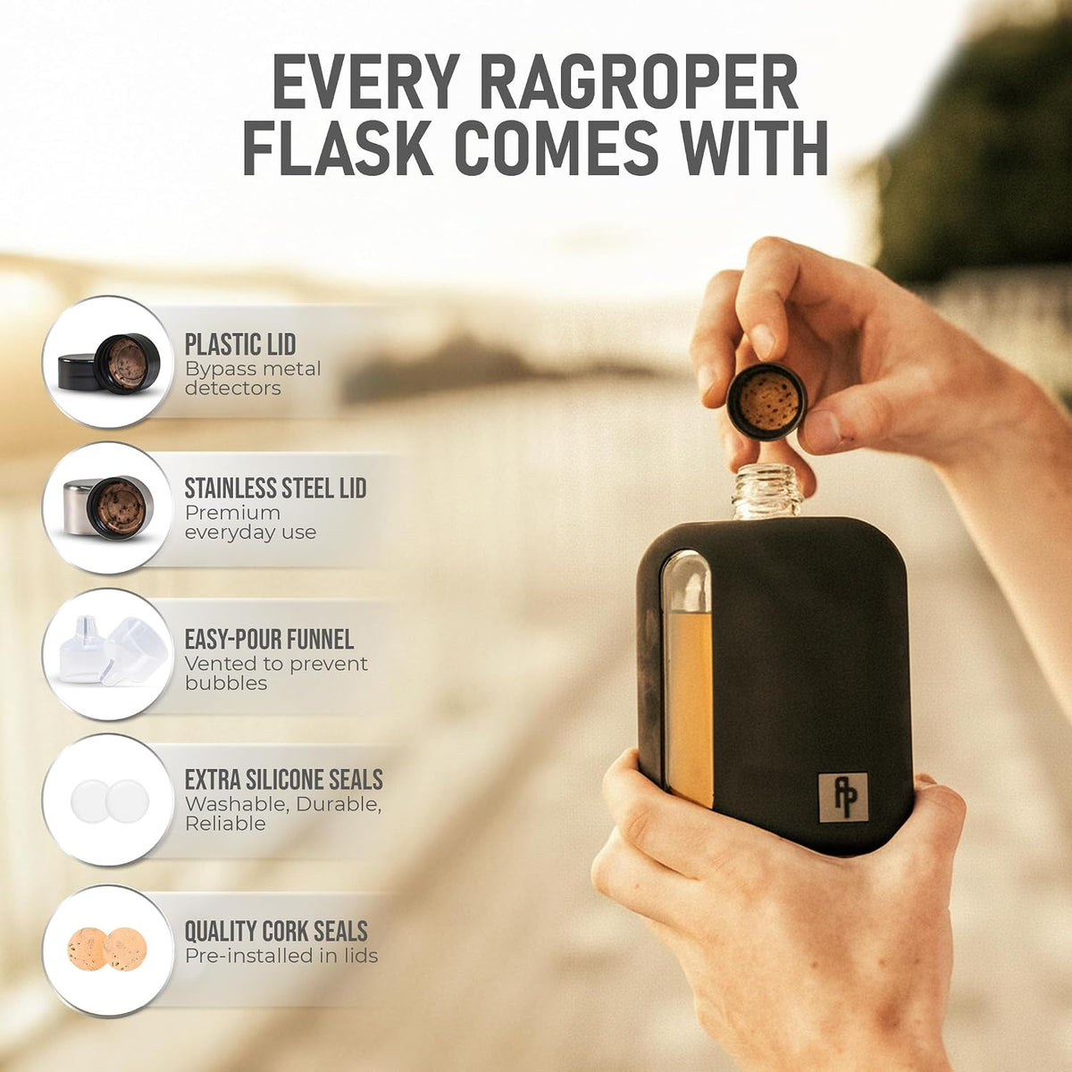 Ragproper Glass Hip Flask for Men – Modern Whiskey & Liquor Pocket Flask with Cork & Silicone Lid Liners, Durable Silicone Covered, Firm Grip – Single Shot 3.4oz (100ml) Black