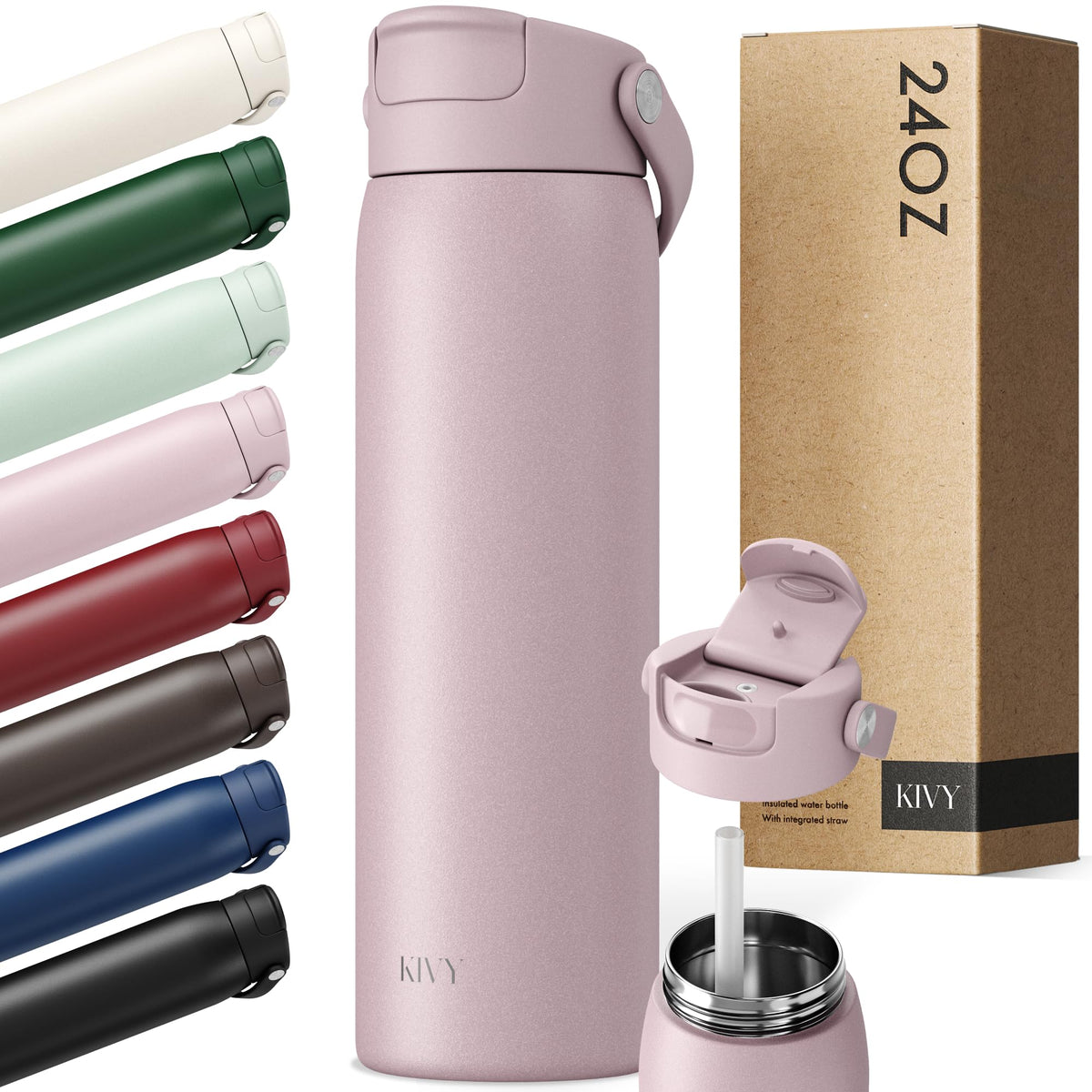 KIVY Stainless Steel Water Bottle With Straw 24oz - 24h Cold | 12h Hot