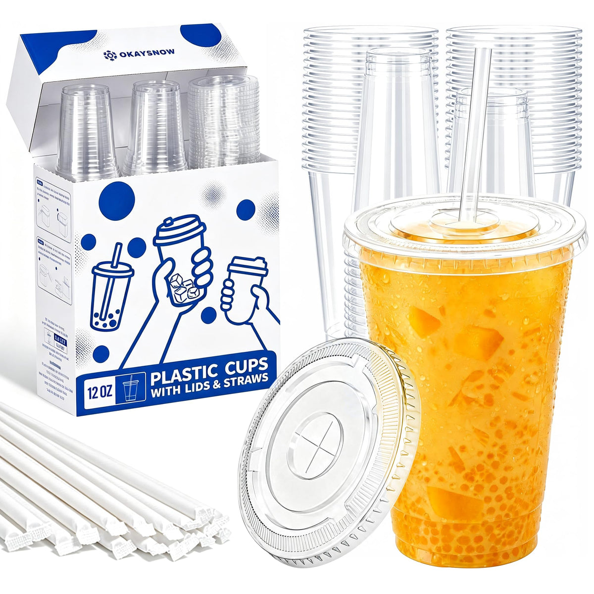 16 Oz 100 Pack Dispoable Cups with Lids and Straws
