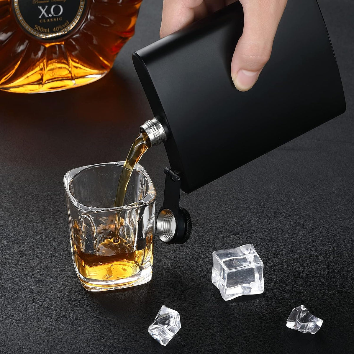 GADIEDIE 12oz+8oz Flask for Liquor for Men Matte Black Stainless Steel Leakproof Funnel and Cups, with Never-Lose Metal Cap, Drinking Flasks for Wedding Party Gift Outdoor Activities