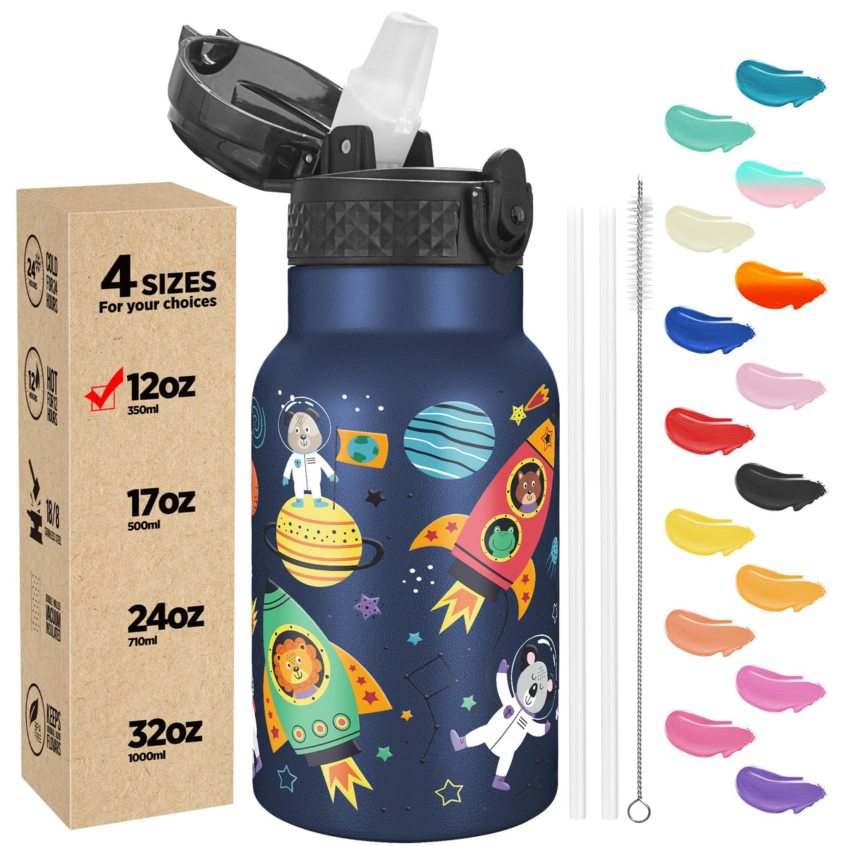 Han's Bottle Sports Water Bottle - 24 Oz, Straw Lid, Leak Proof, Vacuum Insulated Stainless Steel, Double Walled, Thermo Mug,Black