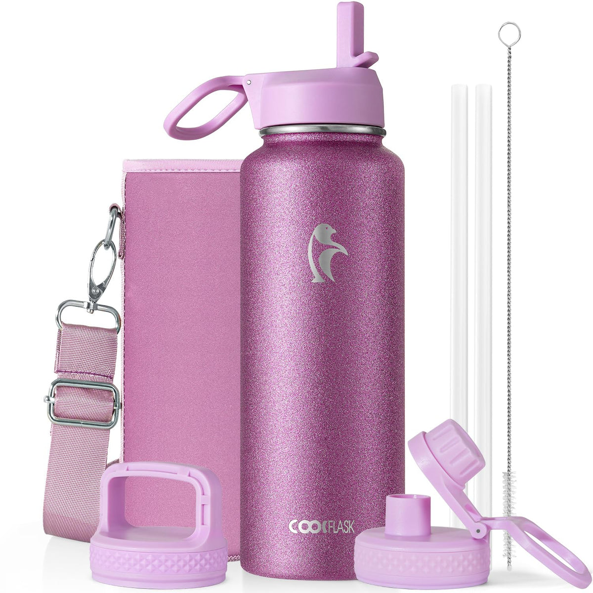 Coolflask 40 oz Water Bottle Insulated with Straw & 3 Leakproof Lids