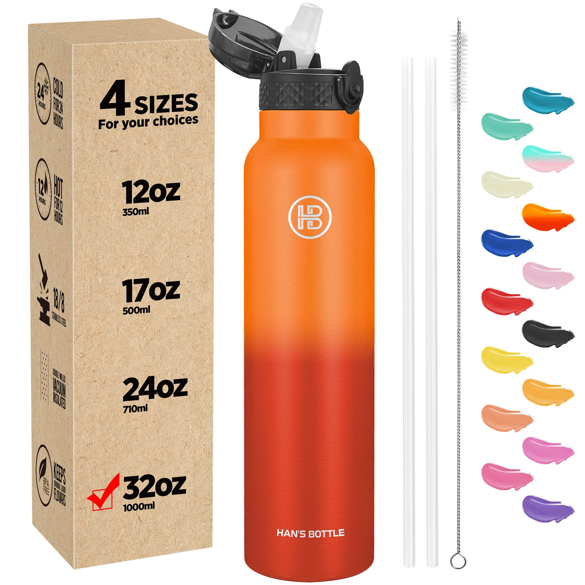 Han's Bottle Sports Water Bottle - 24 Oz, Straw Lid, Leak Proof, Vacuum Insulated Stainless Steel, Double Walled, Thermo Mug,Black