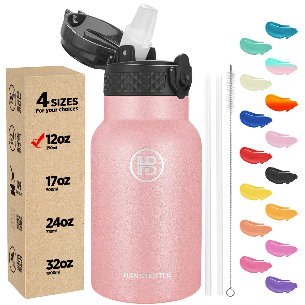 Han's Bottle Sports Water Bottle - 24 Oz, Straw Lid, Leak Proof, Vacuum Insulated Stainless Steel, Double Walled, Thermo Mug,Black
