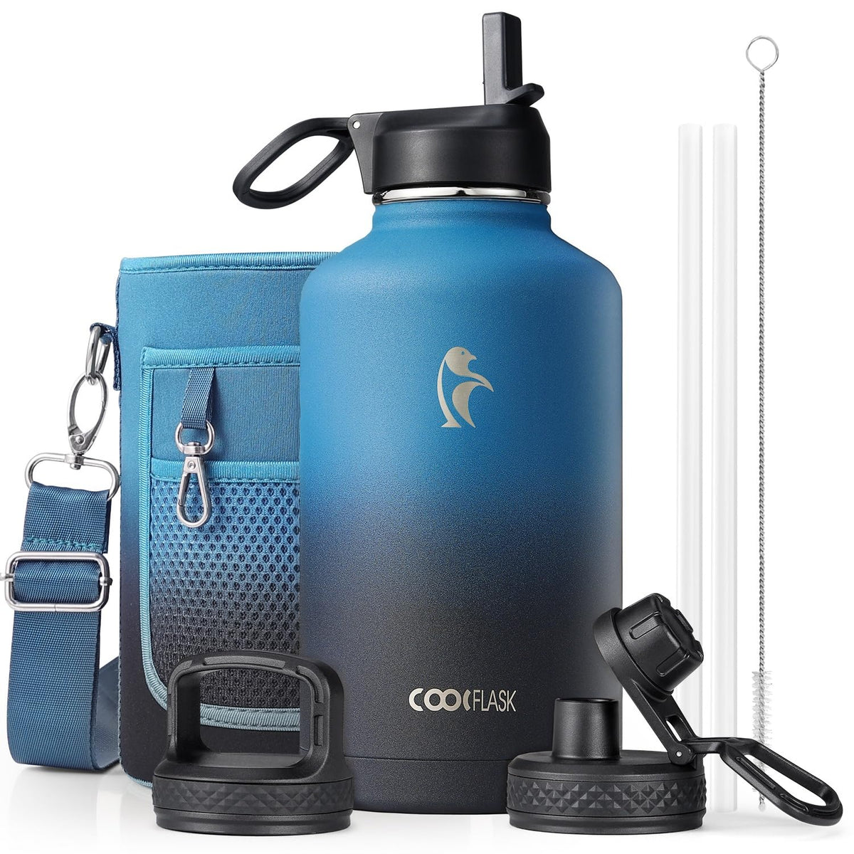 Coolflask 40 oz Water Bottle Insulated with Straw & 3 Leakproof Lids