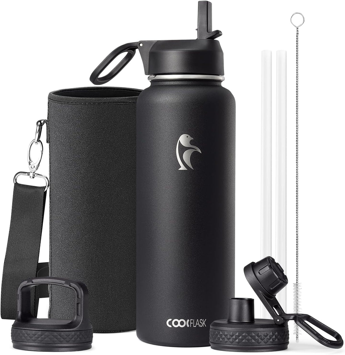 Coolflask 40 oz Water Bottle Insulated with Straw & 3 Leakproof Lids