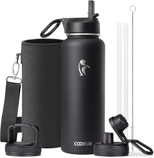 Coolflask 40 oz Water Bottle Insulated with Straw & 3 Leakproof Lids