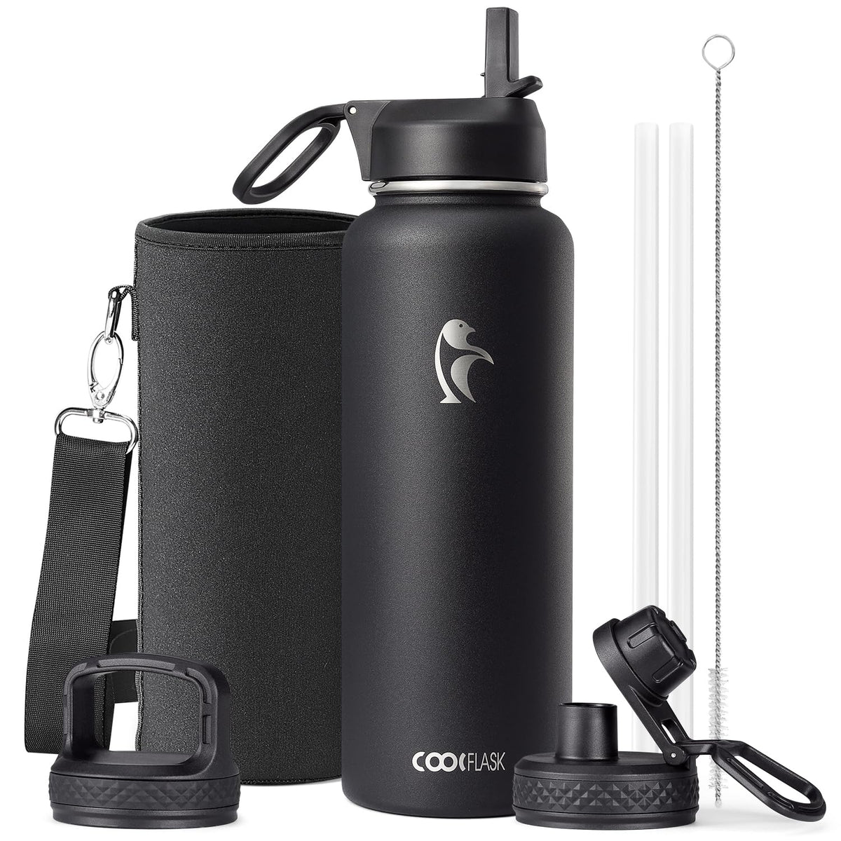 Coolflask Half Gallon Water Bottle Insulated with Straw & 3 Leakproof Lids