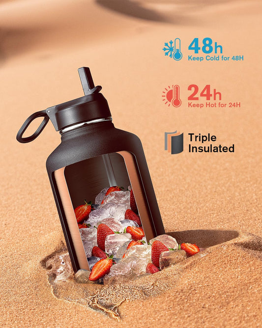 Coolflask Half Gallon Water Bottle Insulated with Straw & 3 Leakproof Lids