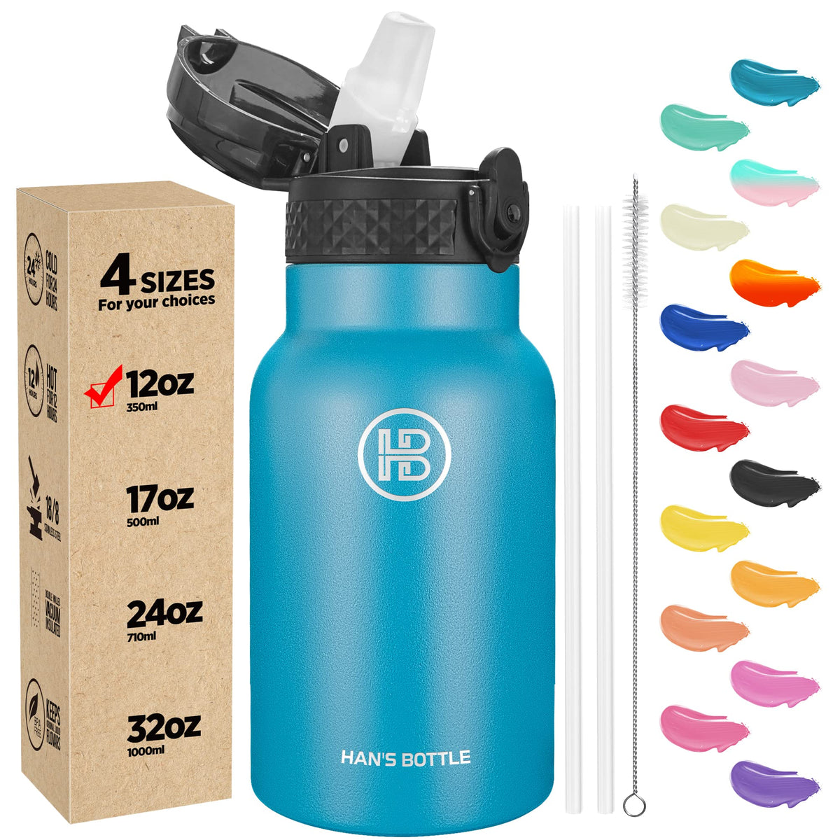 Han's Bottle Sports Water Bottle - 24 Oz, Straw Lid, Leak Proof, Vacuum Insulated Stainless Steel, Double Walled, Thermo Mug,Black