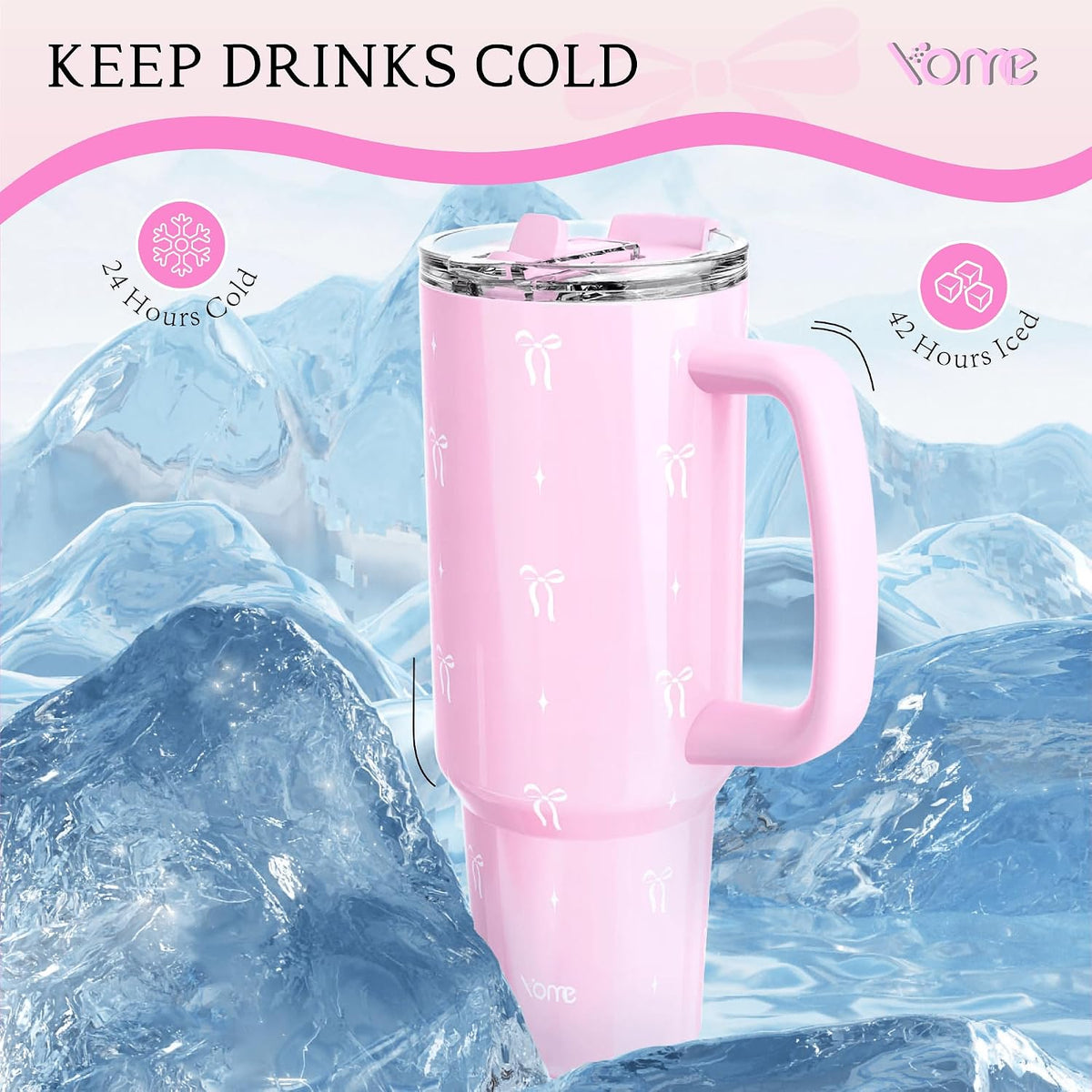 YOME 40 oz Bow Pink Tumbler with Handle and Flip Straw for Women | Stainless Steel Insulated Water Bottle | Keeps Drinks Cold | Dishwasher Safe | Cupholder Friendly | Gift Gym Travel Yoga