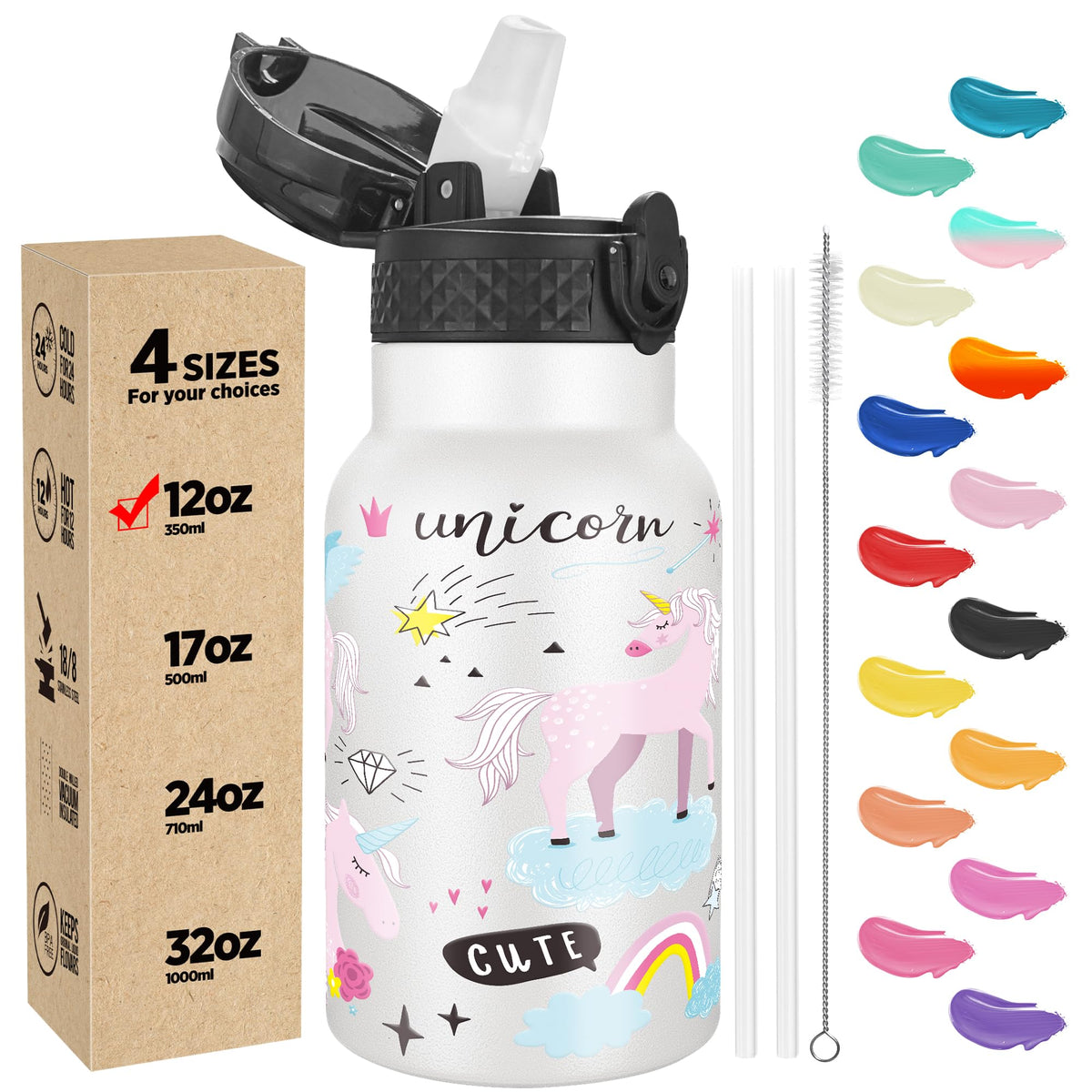 Han's Bottle Sports Water Bottle - 24 Oz, Straw Lid, Leak Proof, Vacuum Insulated Stainless Steel, Double Walled, Thermo Mug,Black