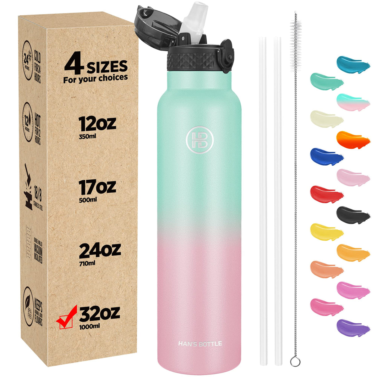 Han's Bottle Sports Water Bottle - 24 Oz, Straw Lid, Leak Proof, Vacuum Insulated Stainless Steel, Double Walled, Thermo Mug,Black
