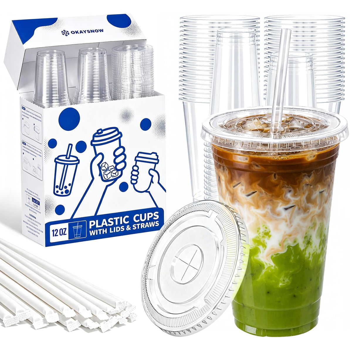 16 Oz 100 Pack Dispoable Cups with Lids and Straws