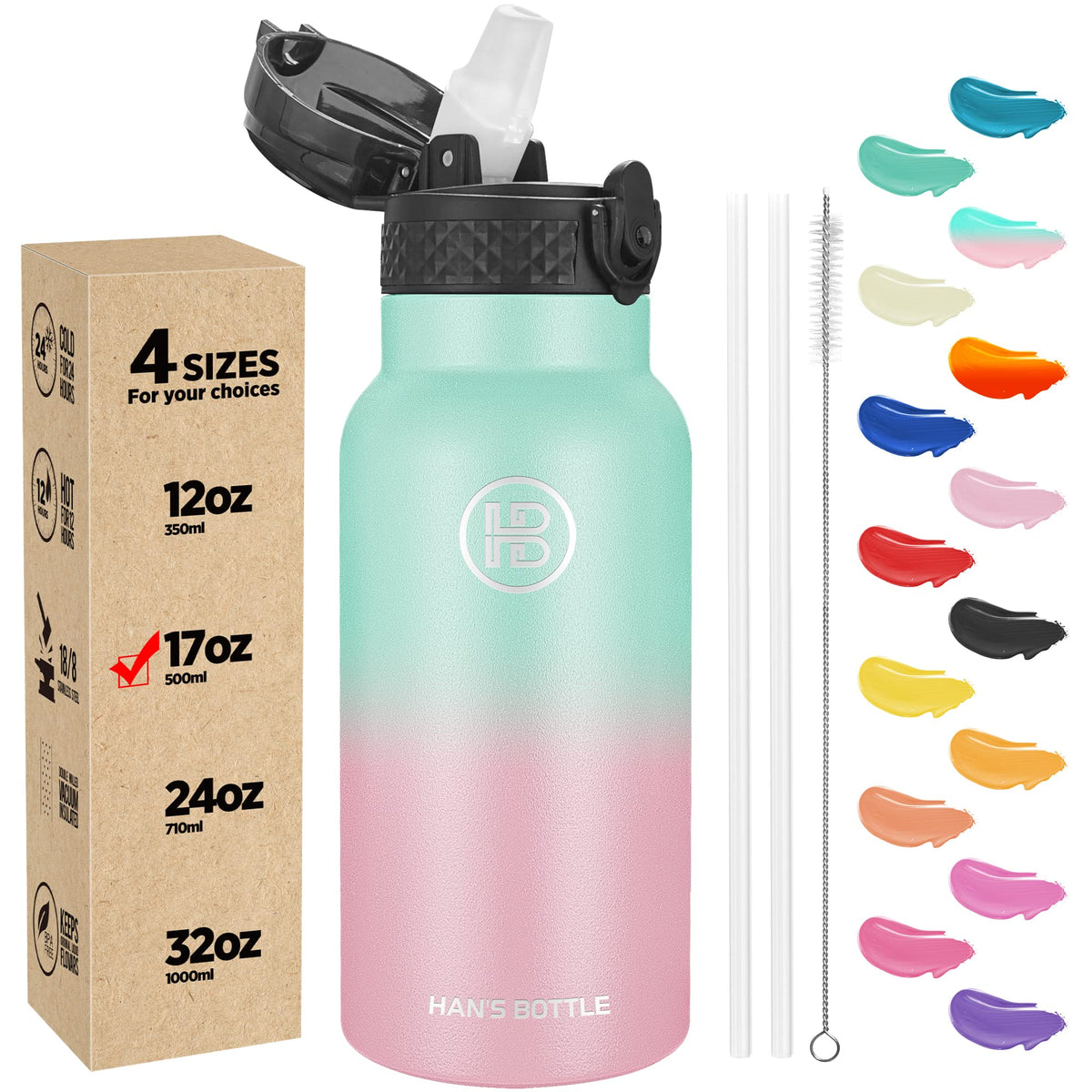 Han's Bottle Sports Water Bottle - 24 Oz, Straw Lid, Leak Proof, Vacuum Insulated Stainless Steel, Double Walled, Thermo Mug,Black