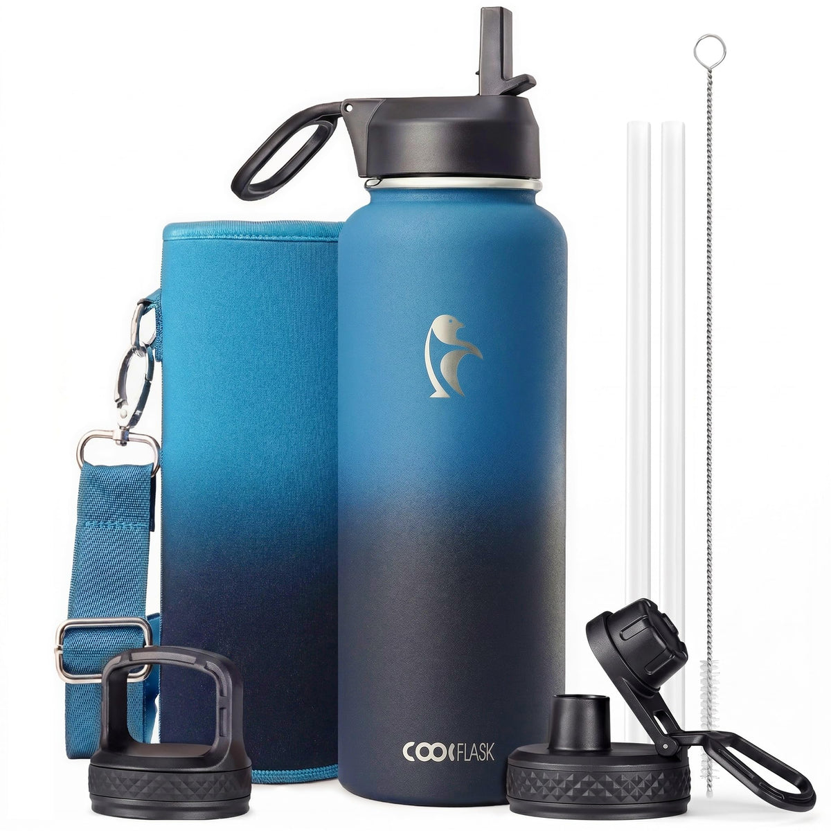 Coolflask Half Gallon Water Bottle Insulated with Straw & 3 Leakproof Lids