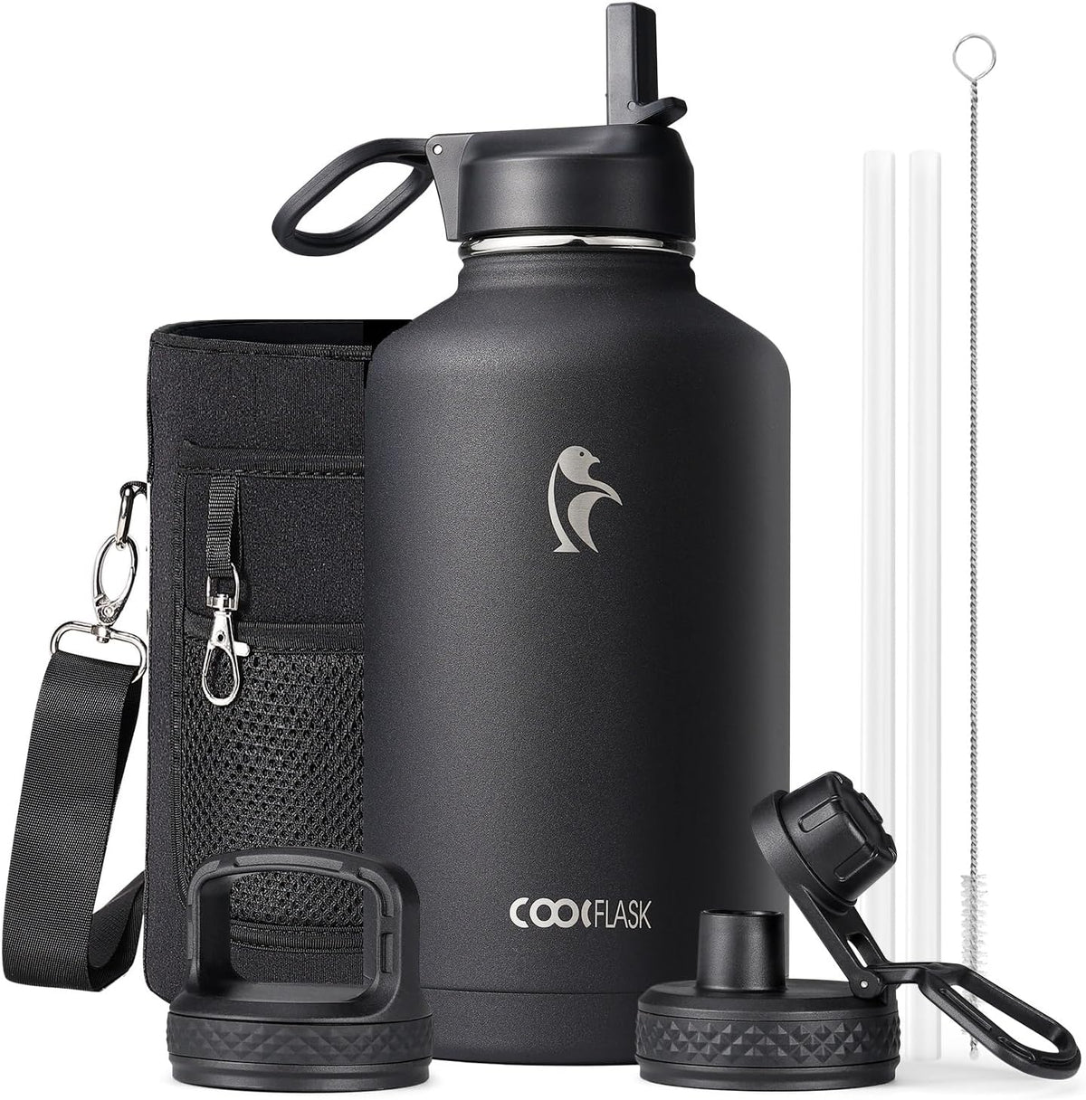 Coolflask Half Gallon Water Bottle Insulated with Straw & 3 Leakproof Lids