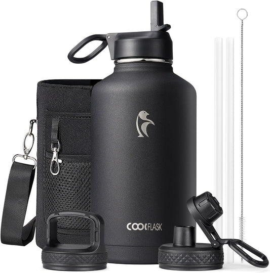 Coolflask Half Gallon Water Bottle Insulated with Straw & 3 Leakproof Lids