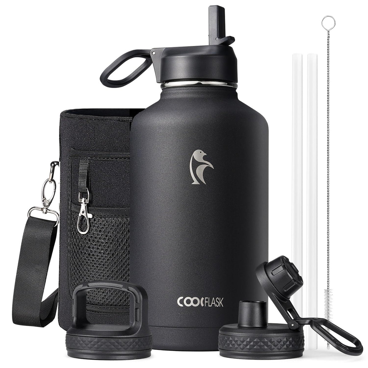 Coolflask 40 oz Water Bottle Insulated with Straw & 3 Leakproof Lids