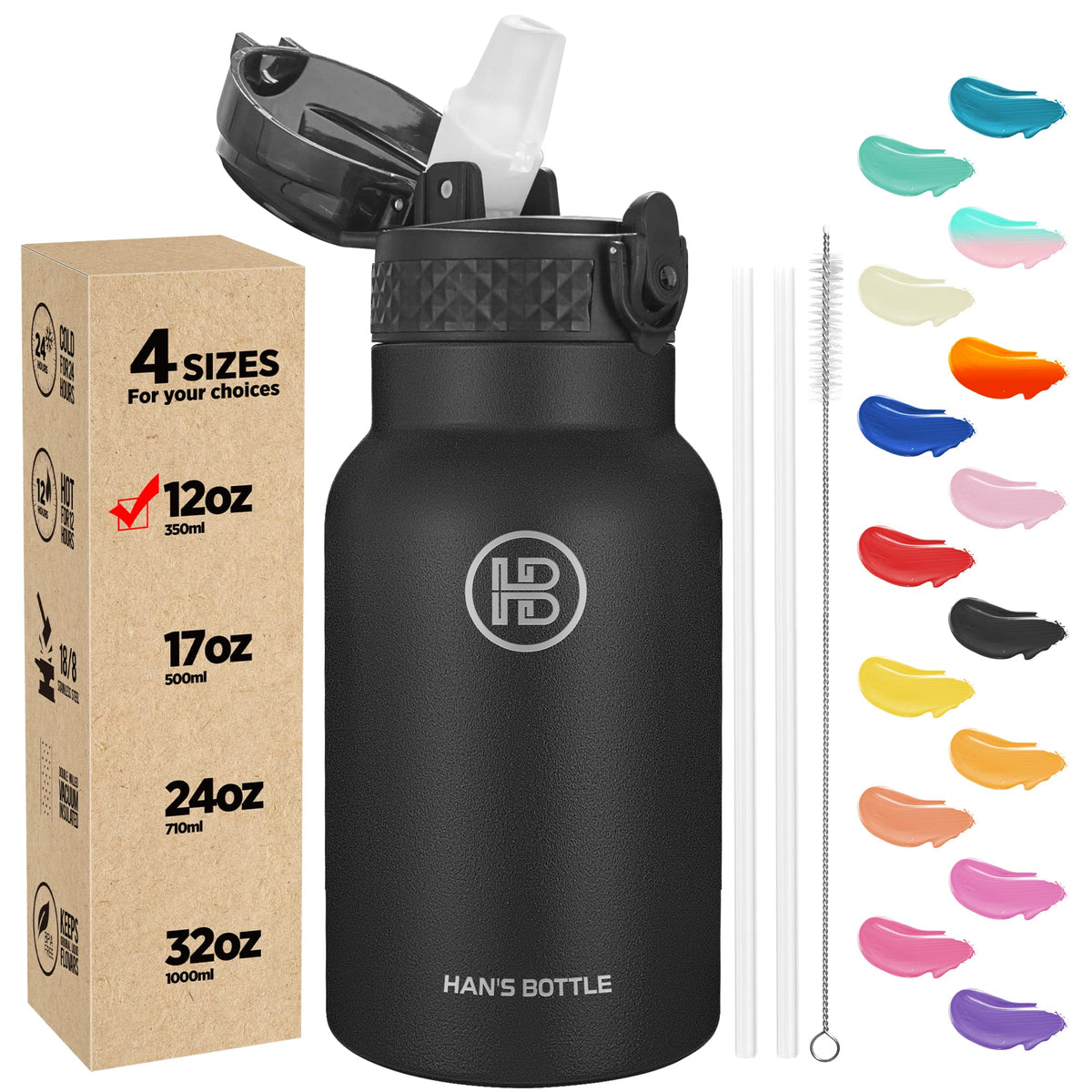 Han's Bottle Sports Water Bottle - 24 Oz, Straw Lid, Leak Proof, Vacuum Insulated Stainless Steel, Double Walled, Thermo Mug,Black