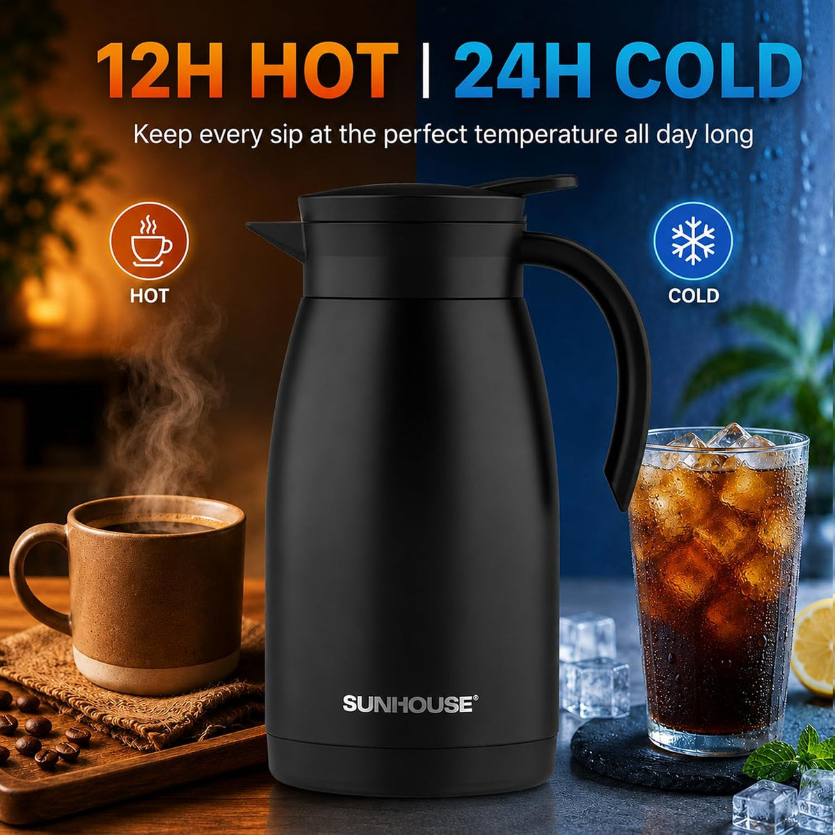 SUNHOUSE 34 Oz Thermal Coffee Carafe Insulated Stainless Steel Thermos