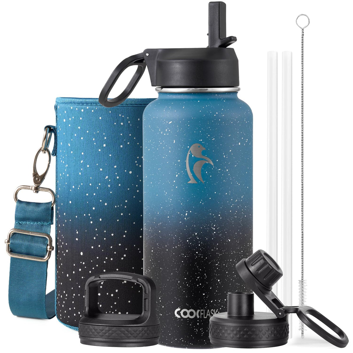 Coolflask 40 oz Water Bottle Insulated with Straw & 3 Leakproof Lids