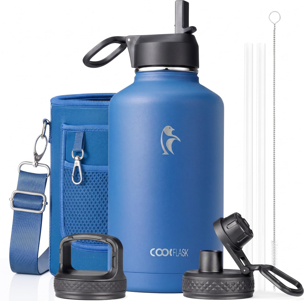 Coolflask Half Gallon Water Bottle Insulated with Straw & 3 Leakproof Lids