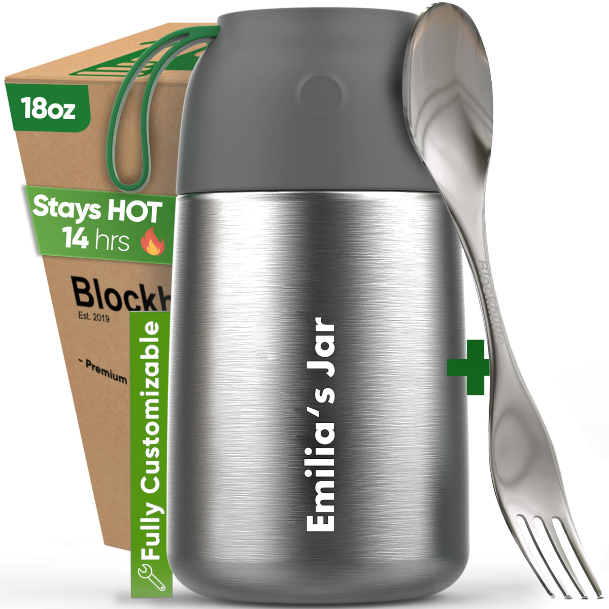 Blockhütte Small Thermo for hot Food Kids - 18 oz | Wide Mouth Food Flask with Spork & Brush | Stainless steel Soup Flask | Insulated Food Jar 14h Hot | Soup Thermo for Adults