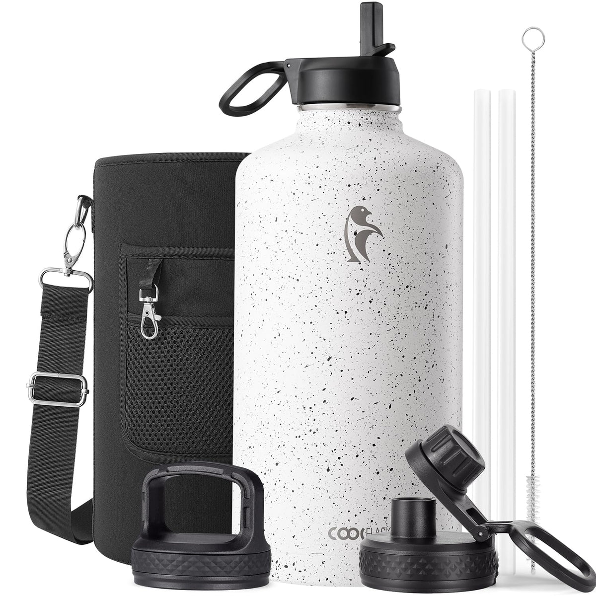 Coolflask Half Gallon Water Bottle Insulated with Straw & 3 Leakproof Lids