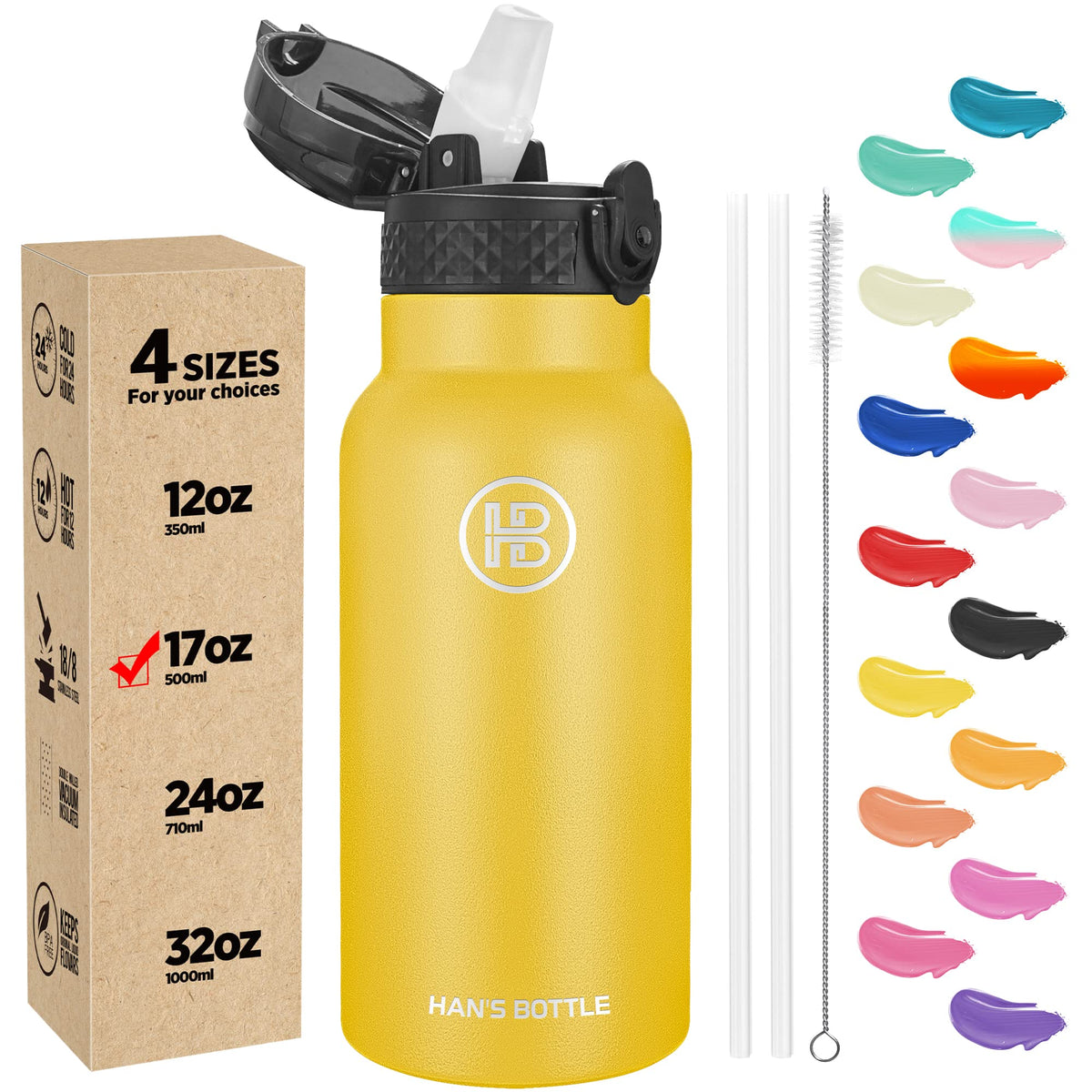 Han's Bottle Sports Water Bottle - 24 Oz, Straw Lid, Leak Proof, Vacuum Insulated Stainless Steel, Double Walled, Thermo Mug,Black
