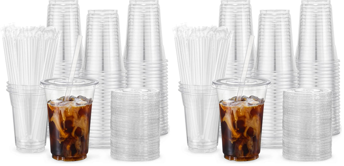 VITEVER [100 Sets - 16oz] Clear Plastic Cups with Lids and Straws, Disposable Iced Coffee Cups for Smoothie, Milkshake, Cold Drinks - BPA free
