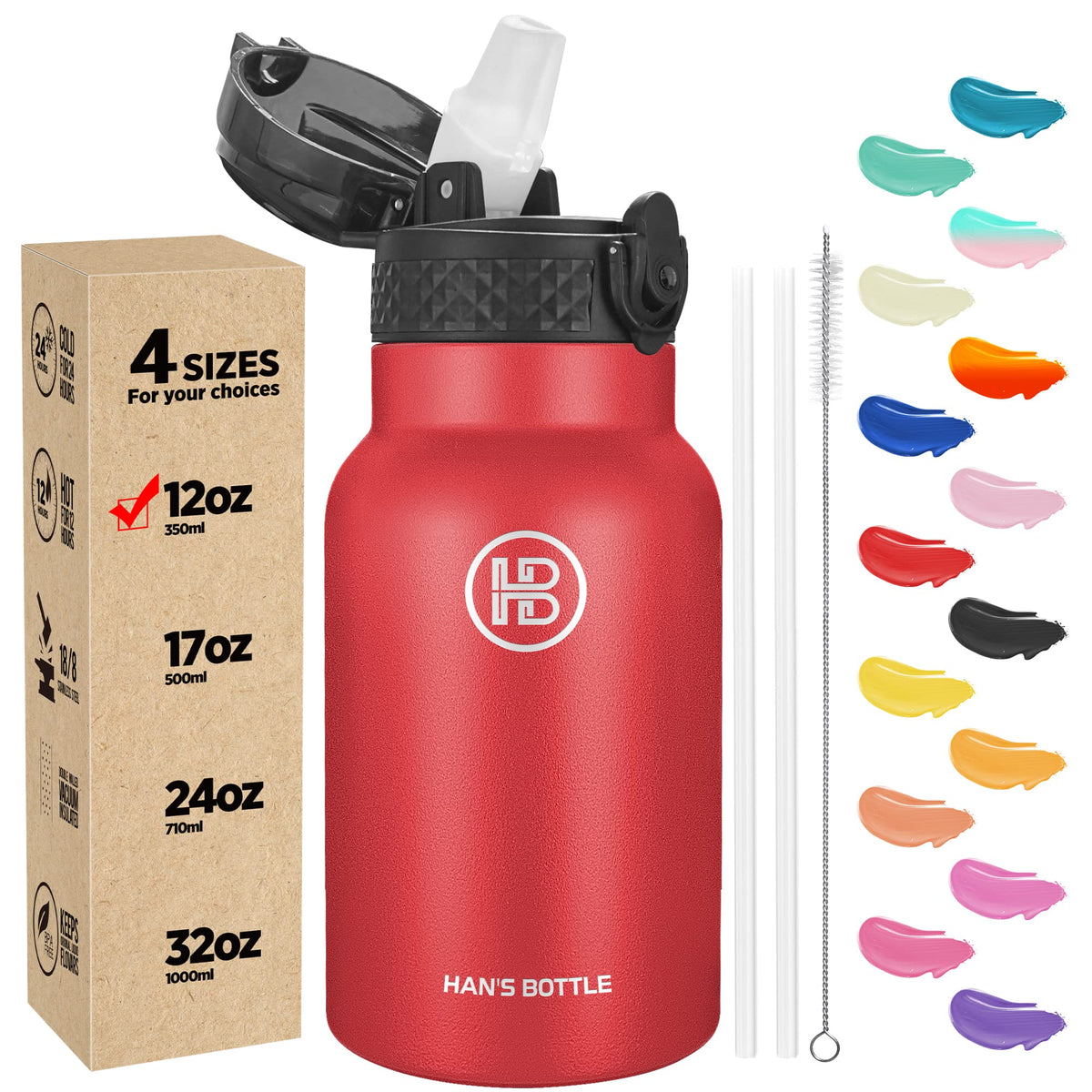Han's Bottle Sports Water Bottle - 24 Oz, Straw Lid, Leak Proof, Vacuum Insulated Stainless Steel, Double Walled, Thermo Mug,Black