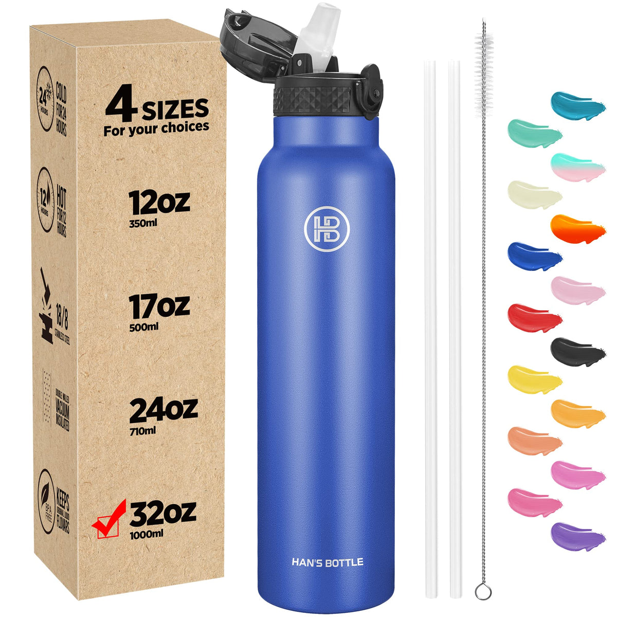 Han's Bottle Sports Water Bottle - 24 Oz, Straw Lid, Leak Proof, Vacuum Insulated Stainless Steel, Double Walled, Thermo Mug,Black
