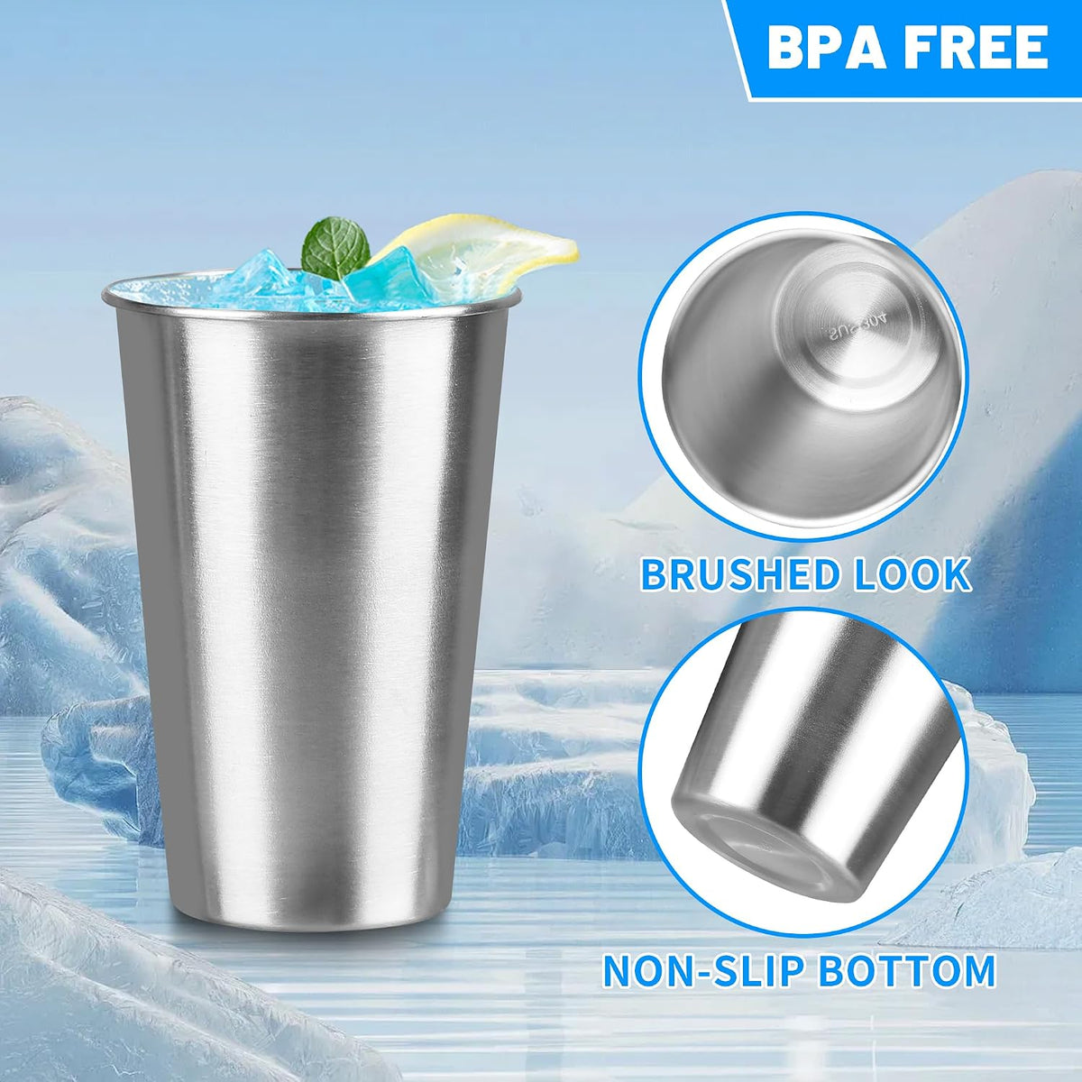 16 oz Stainless Steel Pint Cups, 4Pack Steel Cup,Pint Cup Tumbler，water Tumbler,Stackable,Reusable,BPA Free, (4)