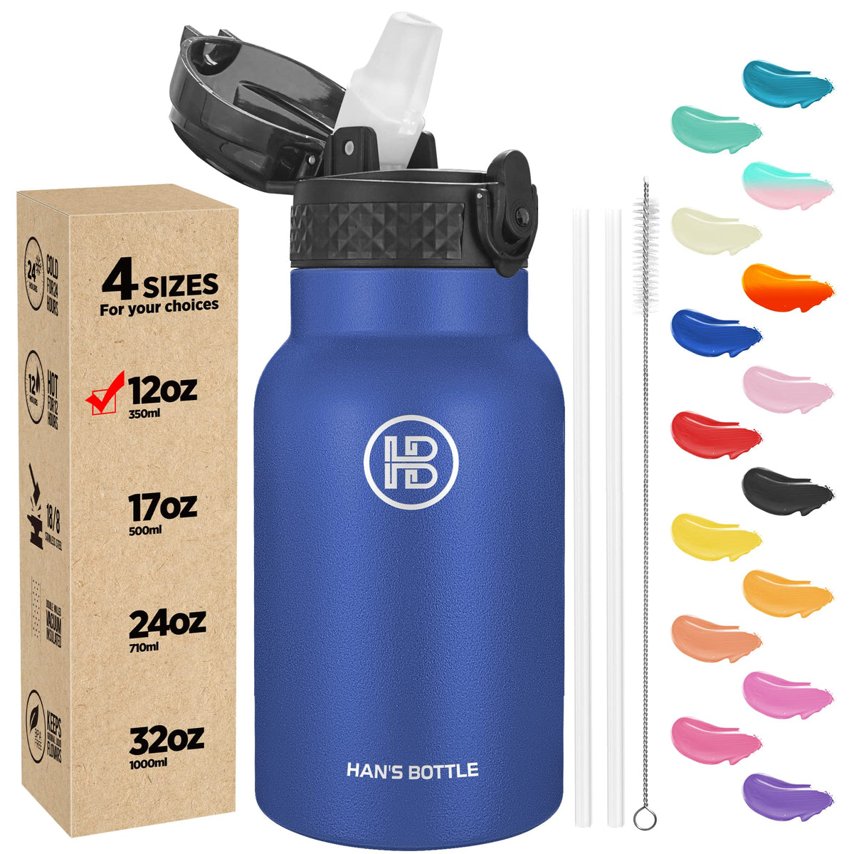 Han's Bottle Sports Water Bottle - 24 Oz, Straw Lid, Leak Proof, Vacuum Insulated Stainless Steel, Double Walled, Thermo Mug,Black