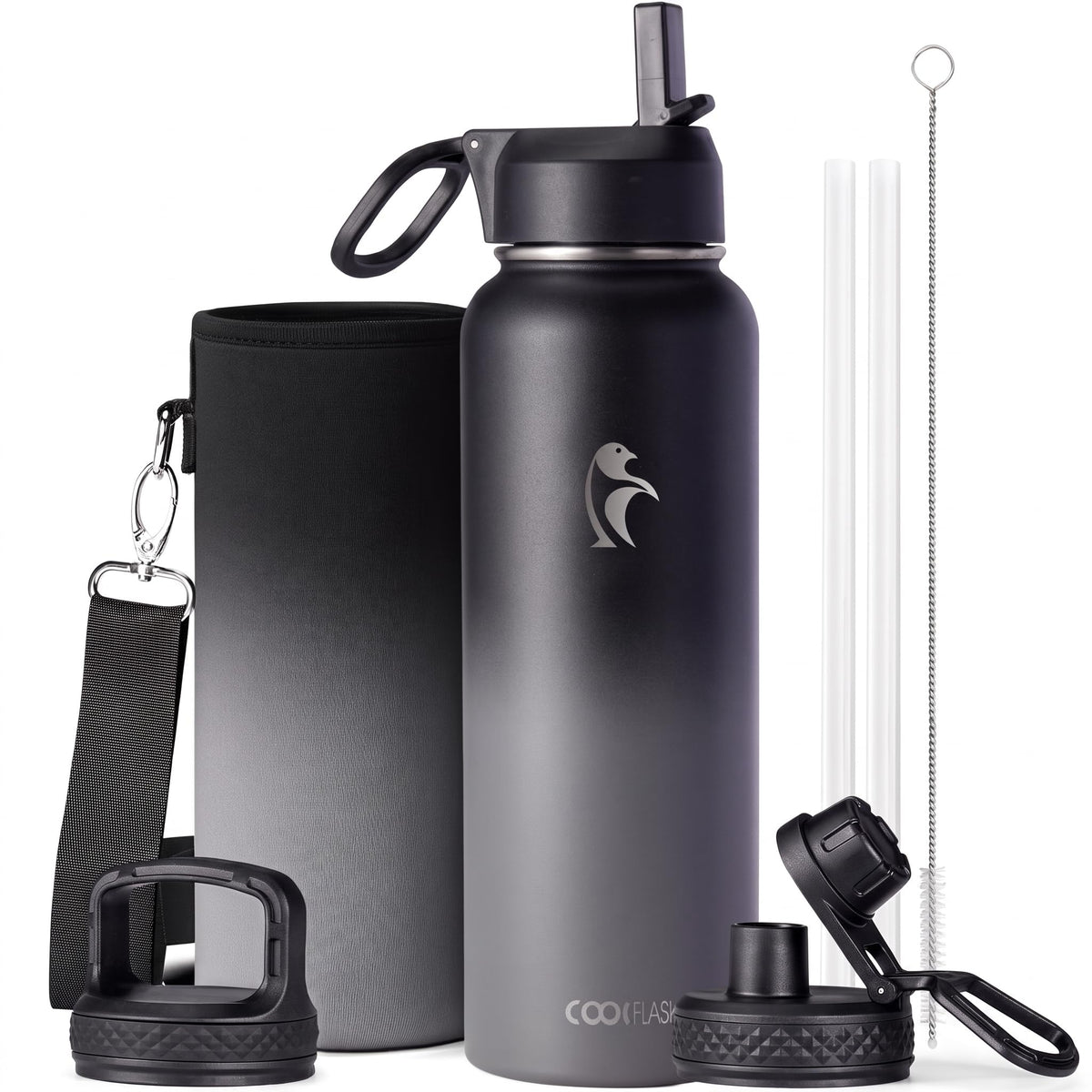 Coolflask Half Gallon Water Bottle Insulated with Straw & 3 Leakproof Lids