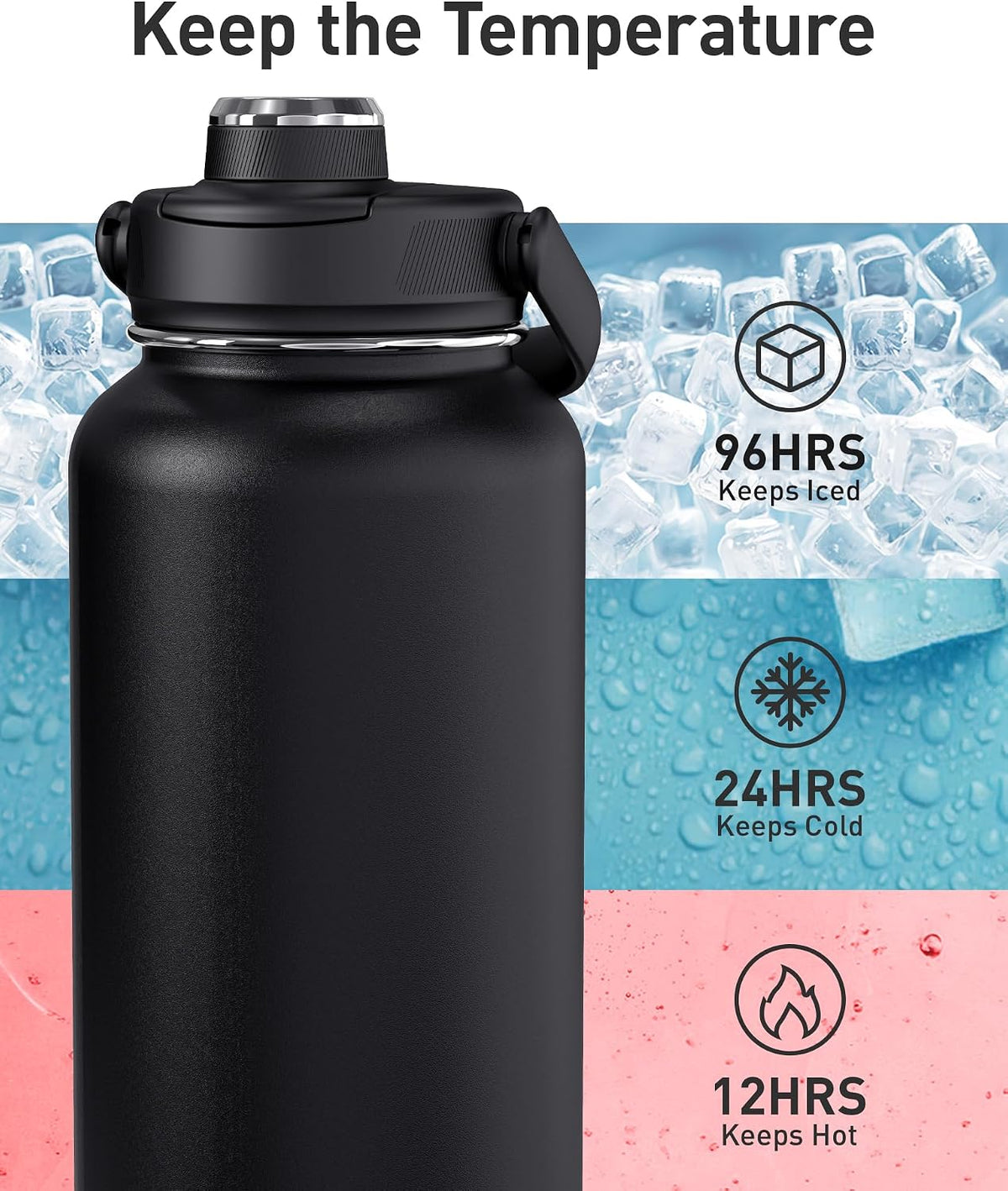 TOURIT 24 oz Insulated Stainless Steel Water Bottle, Obsidian