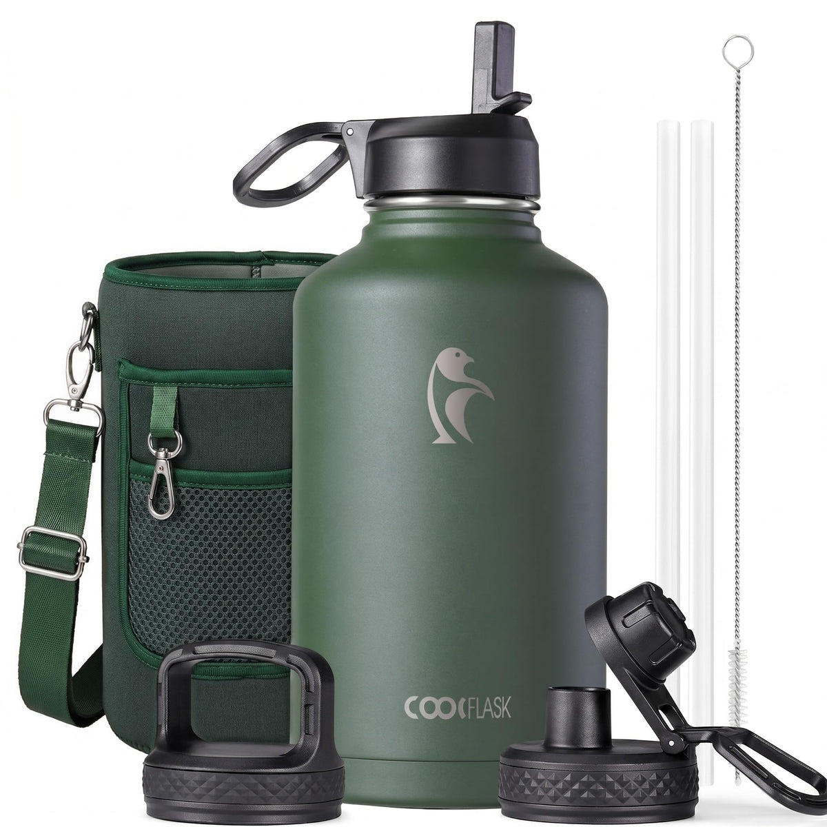 Coolflask Half Gallon Water Bottle Insulated with Straw & 3 Leakproof Lids