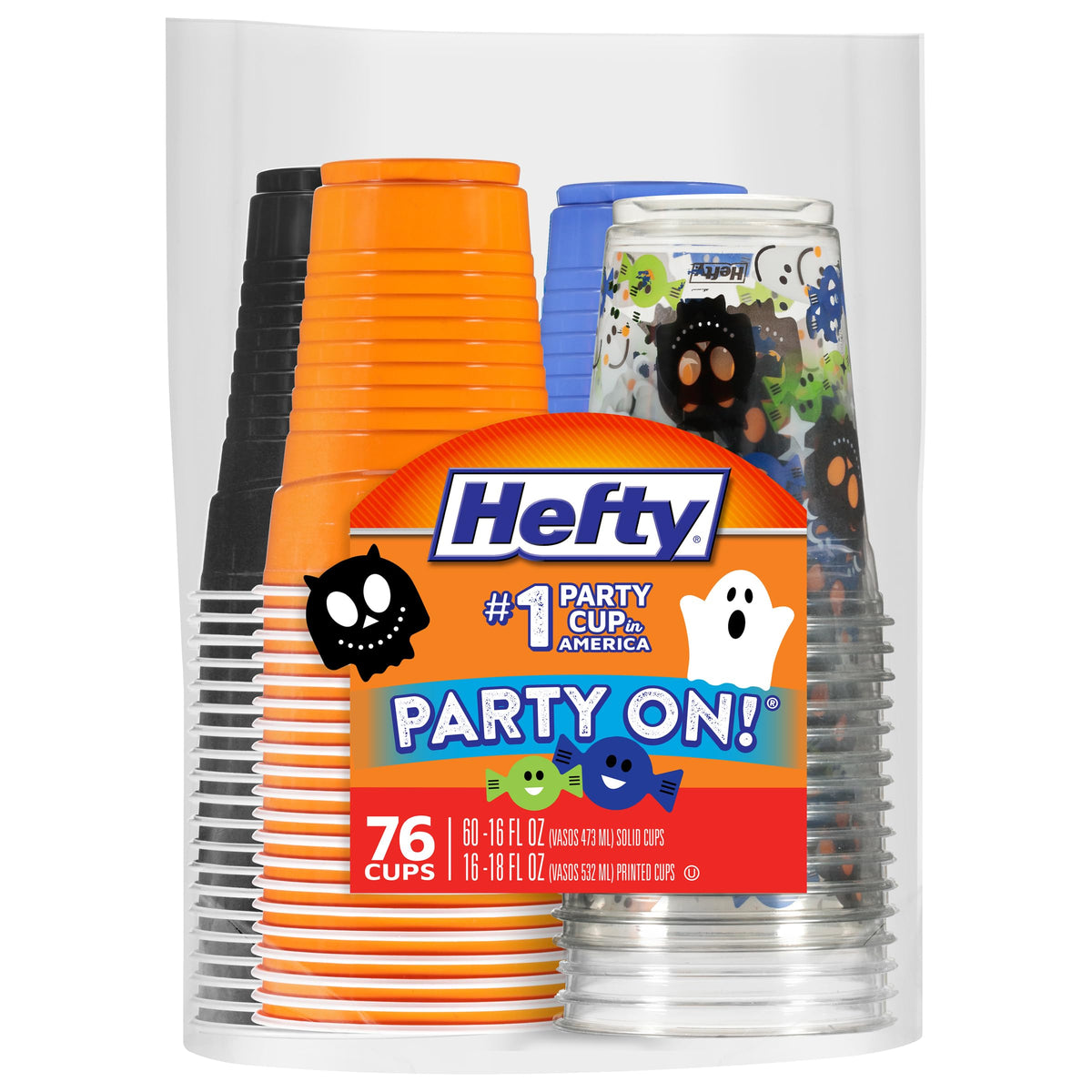 Hefty Party On Disposable Plastic Cups, Assorted, 16 Ounce, 100 Count