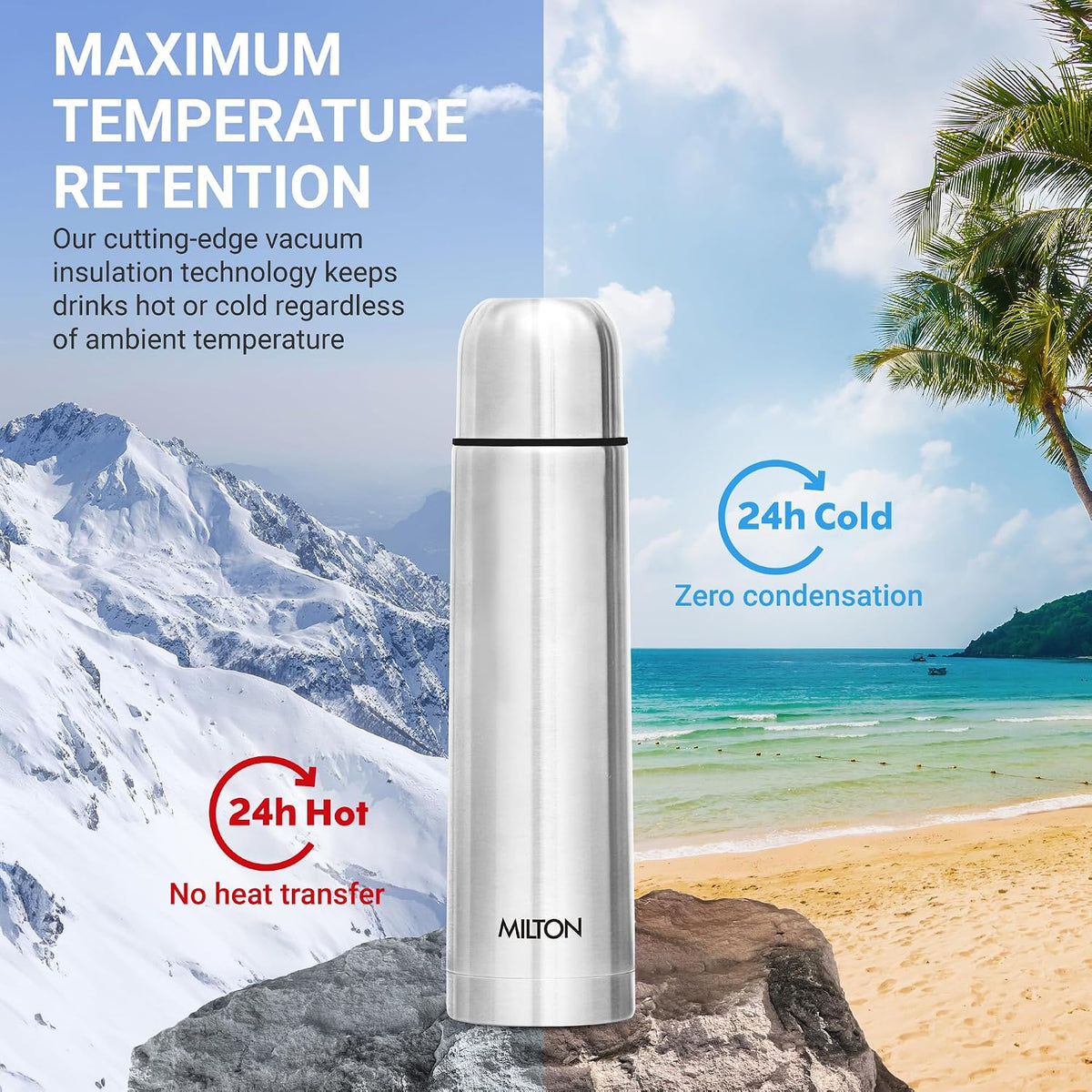Milton Flask 34 oz Insulated Water Bottle with Cover, Flip Lid, Thermosteel