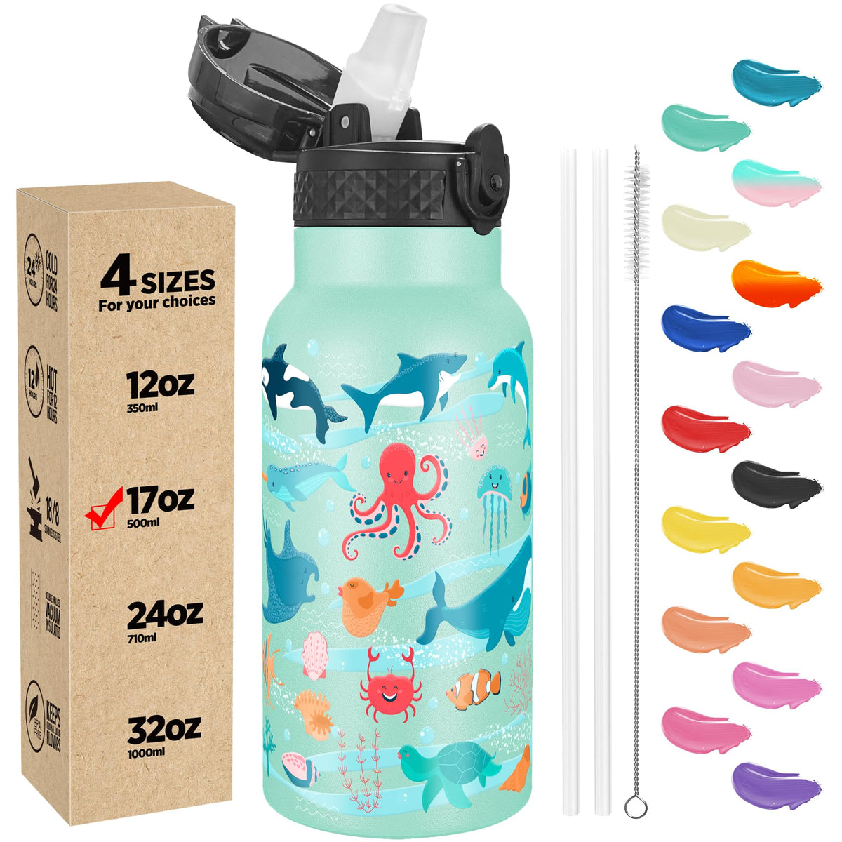 Han's Bottle Sports Water Bottle - 24 Oz, Straw Lid, Leak Proof, Vacuum Insulated Stainless Steel, Double Walled, Thermo Mug,Black