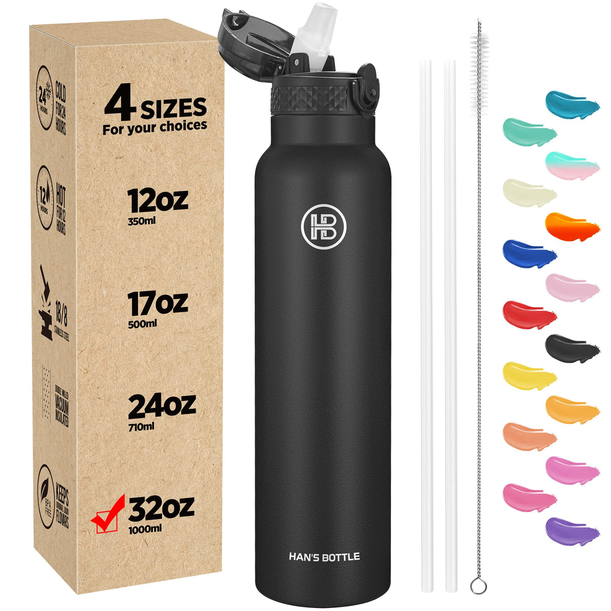 Han's Bottle Sports Water Bottle - 24 Oz, Straw Lid, Leak Proof, Vacuum Insulated Stainless Steel, Double Walled, Thermo Mug,Black