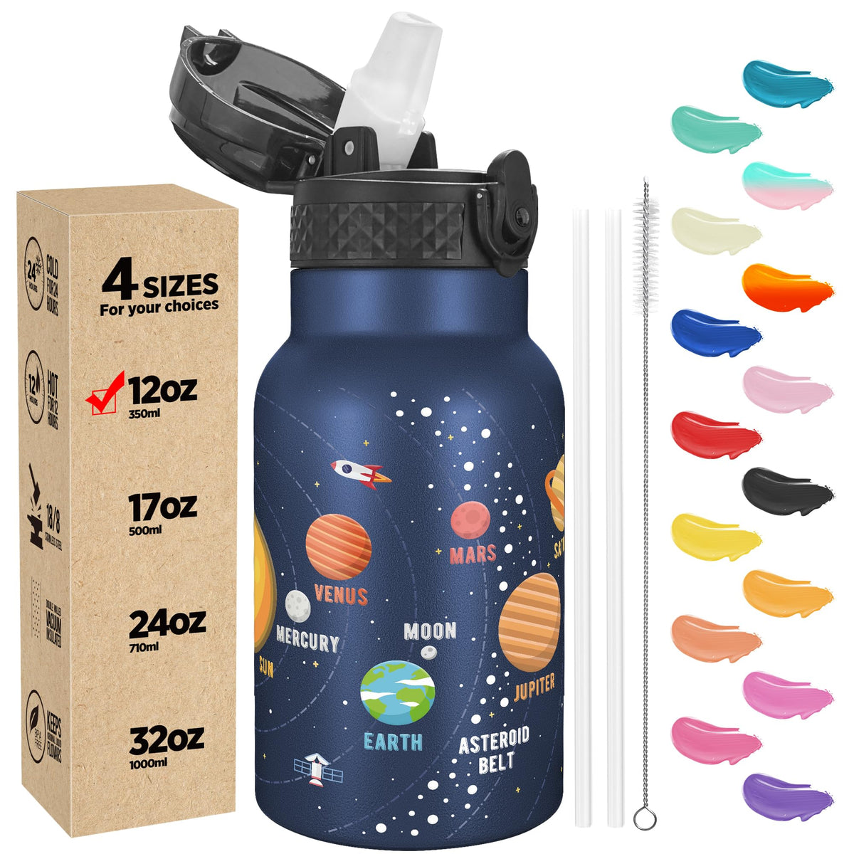 Han's Bottle Sports Water Bottle - 24 Oz, Straw Lid, Leak Proof, Vacuum Insulated Stainless Steel, Double Walled, Thermo Mug,Black