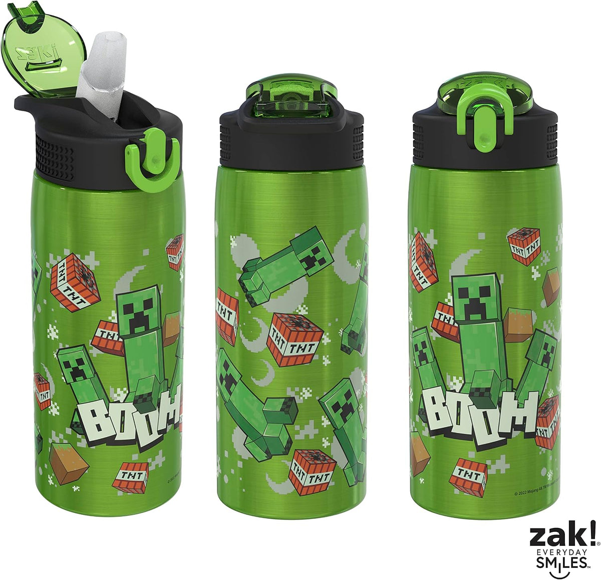Zak Designs Minecraft Water Bottle for Travel and At Home, 19 oz Vacuum Insulated Stainless Steel with Locking Spout Cover, Built-In Carrying Loop, Leak-Proof Design (Creeper)