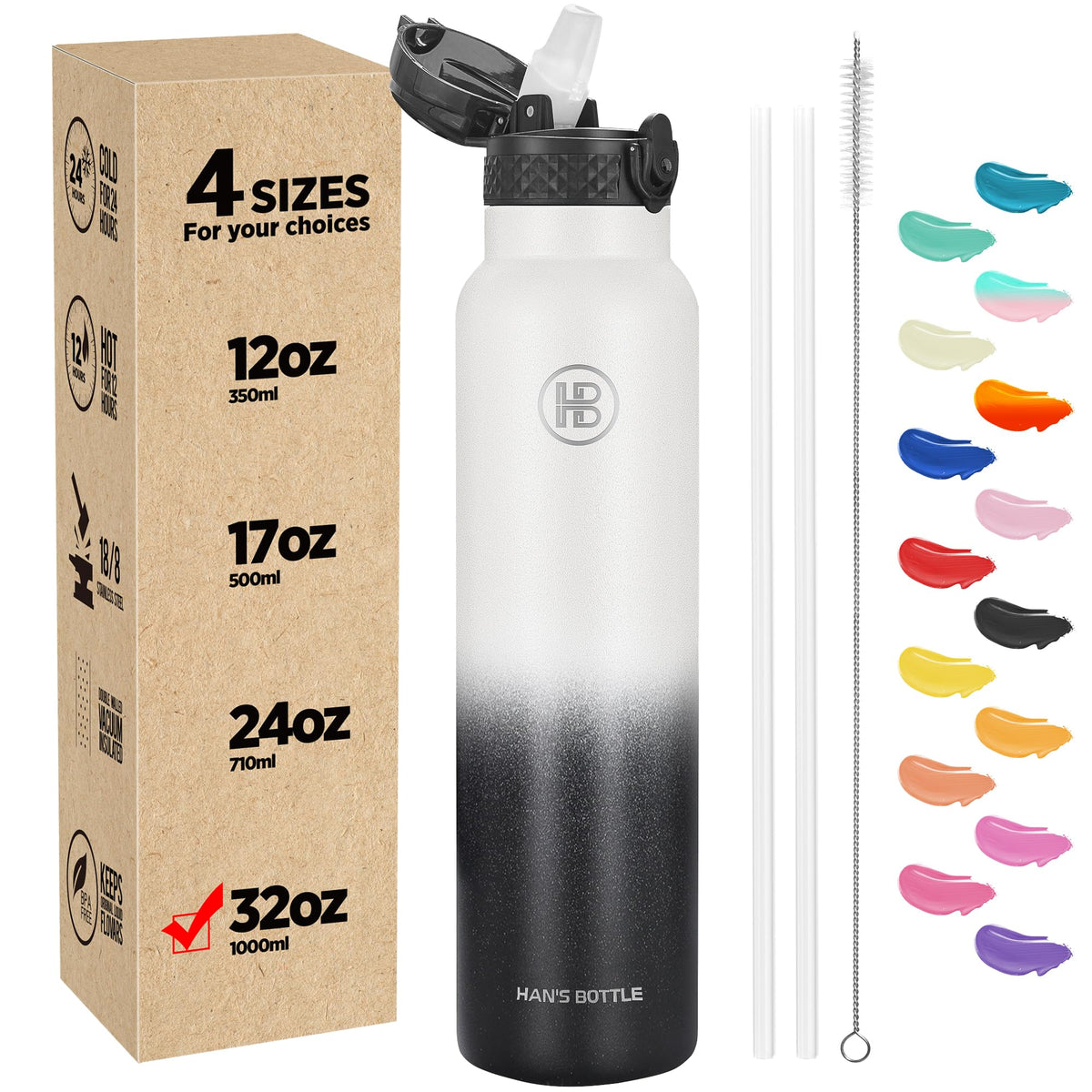 Han's Bottle Sports Water Bottle - 24 Oz, Straw Lid, Leak Proof, Vacuum Insulated Stainless Steel, Double Walled, Thermo Mug,Black