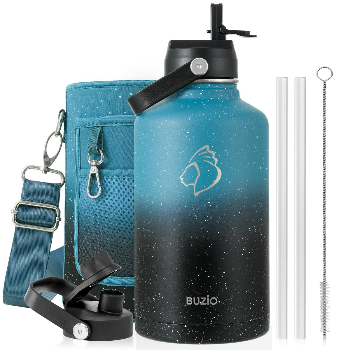 BUZIO 64 oz Insulated Stainless Steel Water Bottle with Dust-proof Lids