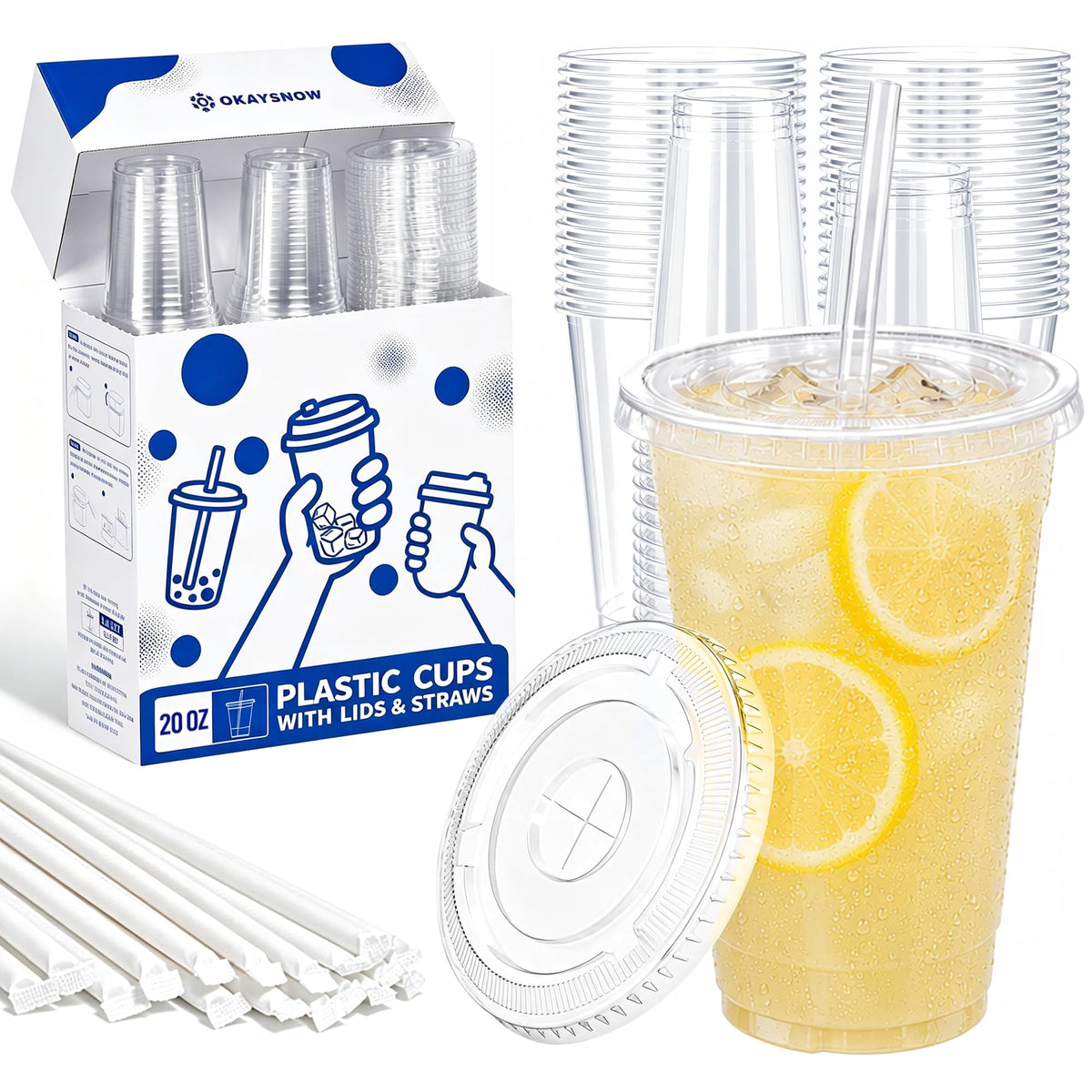 16 Oz 100 Pack Dispoable Cups with Lids and Straws
